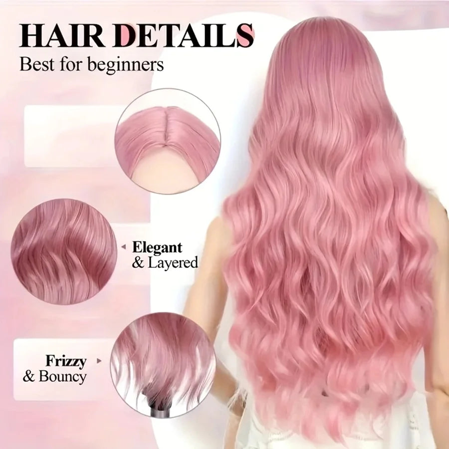 26 Inch Pink Wig for Women Pink Wavy Wig Middle Part Light Pink Wigs Natural Looking Heat Resistant Synthetic Wigs for Daily