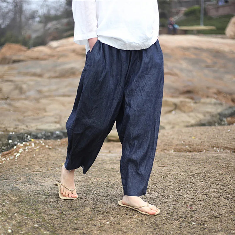 Johnature 2025 New Women Dark Blue Jeans Mid Elastic Waist Pants Summer Solid Color Loose Vintage Ankle-Length Pants