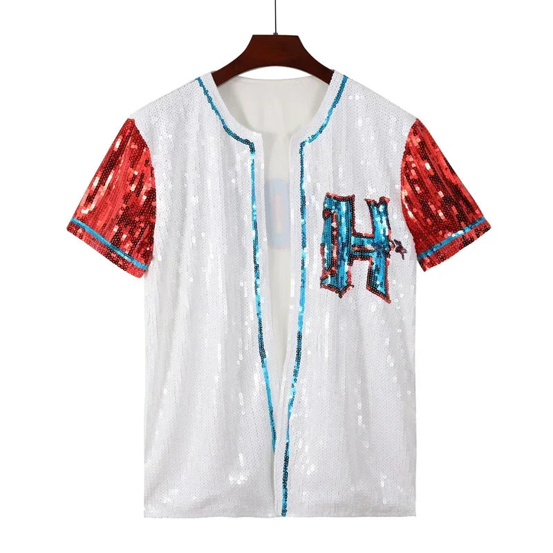 Summer New Letter Round Neck Patchwork Color Streetwear Hip Hop Coat Short Sleeve Sequins Night Club Loose Jackets