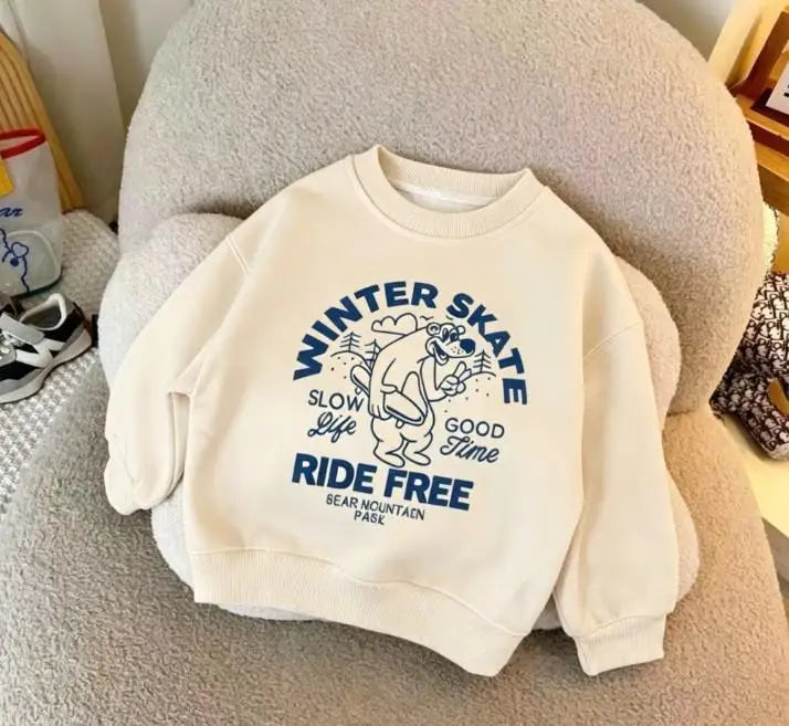 Kids Minimalist Bear Print Crew Neck Sweatshirt Soft Cotton Tops For Boys And Girls All Season Clothing Little Kid Costume Tops