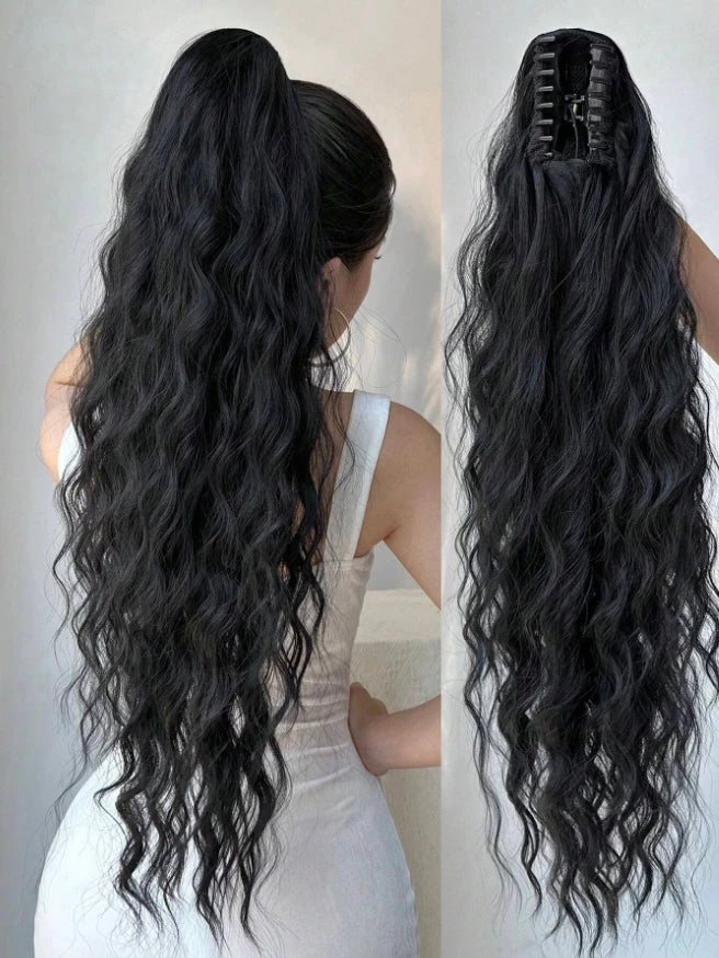 The black, flax, 26-28 inches long wavy, heat-resistant fiber synthetic wig is suitable for women and girls' daily use at gather