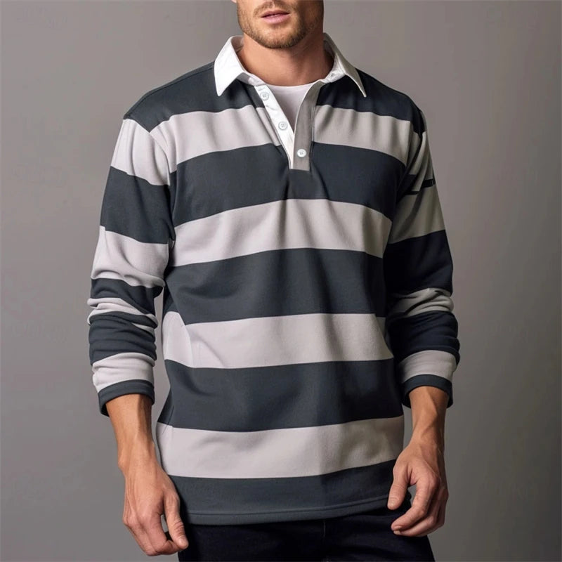 Simple Striped Long Sleeve Polo Shirts For Men Fashion Daily Wear 3D Printed Golf Polo Shirt Casual Oversized Lapel Button Tops