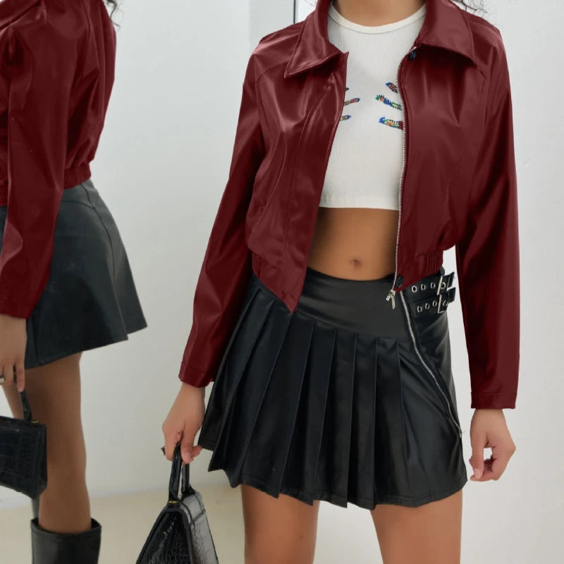 Women's Clothing 2025 New Short Leather Jacket Retro Zipper PU Casual Motorcycle Jacket.