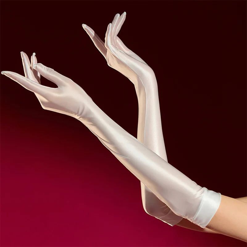 Women Sexy Gloves Oil Shiny Anti-Hook Five-Finger Elastic Silk Smooth High Density Elastic Summer Sunscreen Long Sleeves Cover
