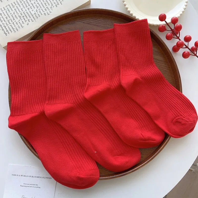 Men Women Red New Year Cotton Socks Breathable Sports Comfortable Festival Zodiac Casual Lucky Red Floor Strip Mid-calf Socks