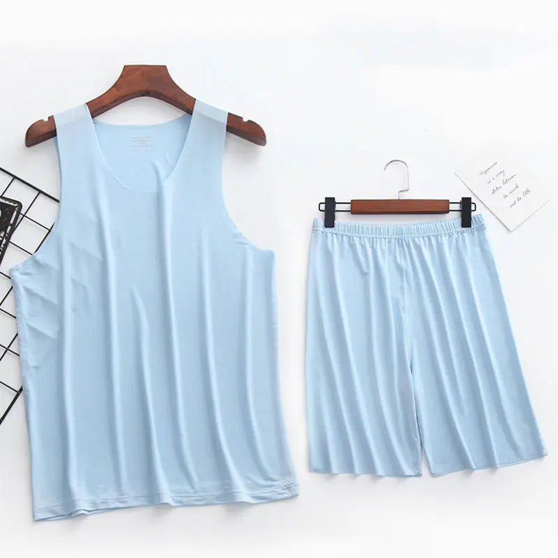 Mens Ice Silk T-Shirt & Short Pants 2Pcs Pijamas Sleep Set Ultra-thin Homewear Clothing Summer Pyjamas Sleepwear Nightwear Suit