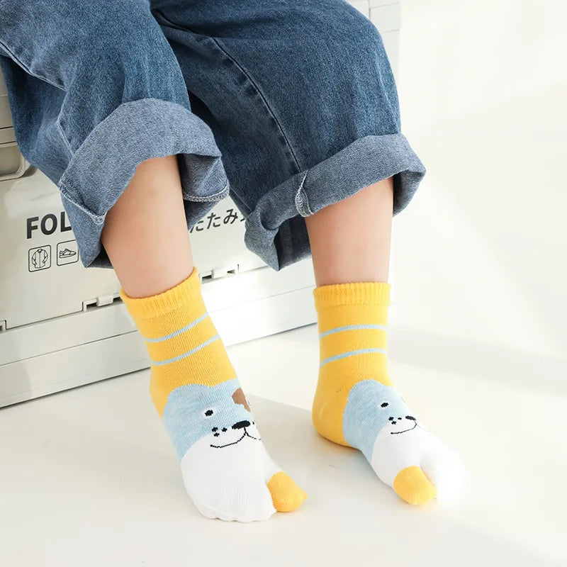 3-12Y Kids Toe Socks Girls Boys Five Finger Socks Autumn Winter High Tube Cotton Crew Socks Cute Cartoon Kawaii