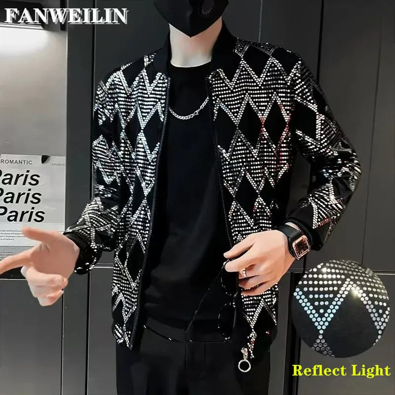 Jas Men's New Diamond Plaid Jackets Men Hip Hop Y2K Bombers Jacket Night Club Stage Streetwear Thin Coat Clothing Veste Homme