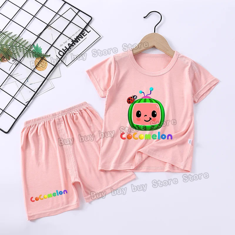 Cocomelons Pajamas Suit Kids Boys Girls Nighty Wears Cool Summer Loungewear Short Sleeve T-shirt Shorts 2pcs Soft Birthday Gift