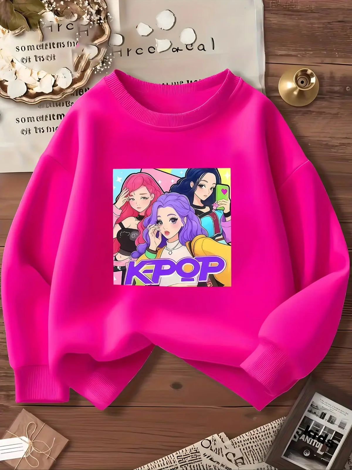 Sweet Cool Energetic Kids Sweatshirt with Trio Idol Print, Casual Versatile Tops for Girls in Spring and Autumn