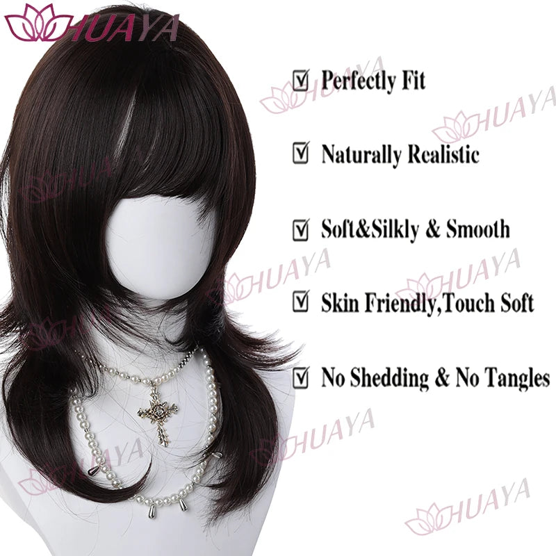 Women Synthetic Hair Wig, Natural Black Wolf Cut with Bangs, 14 Inches High Layered Mullet Hairstyle Wig, Unisex for Men and Wom