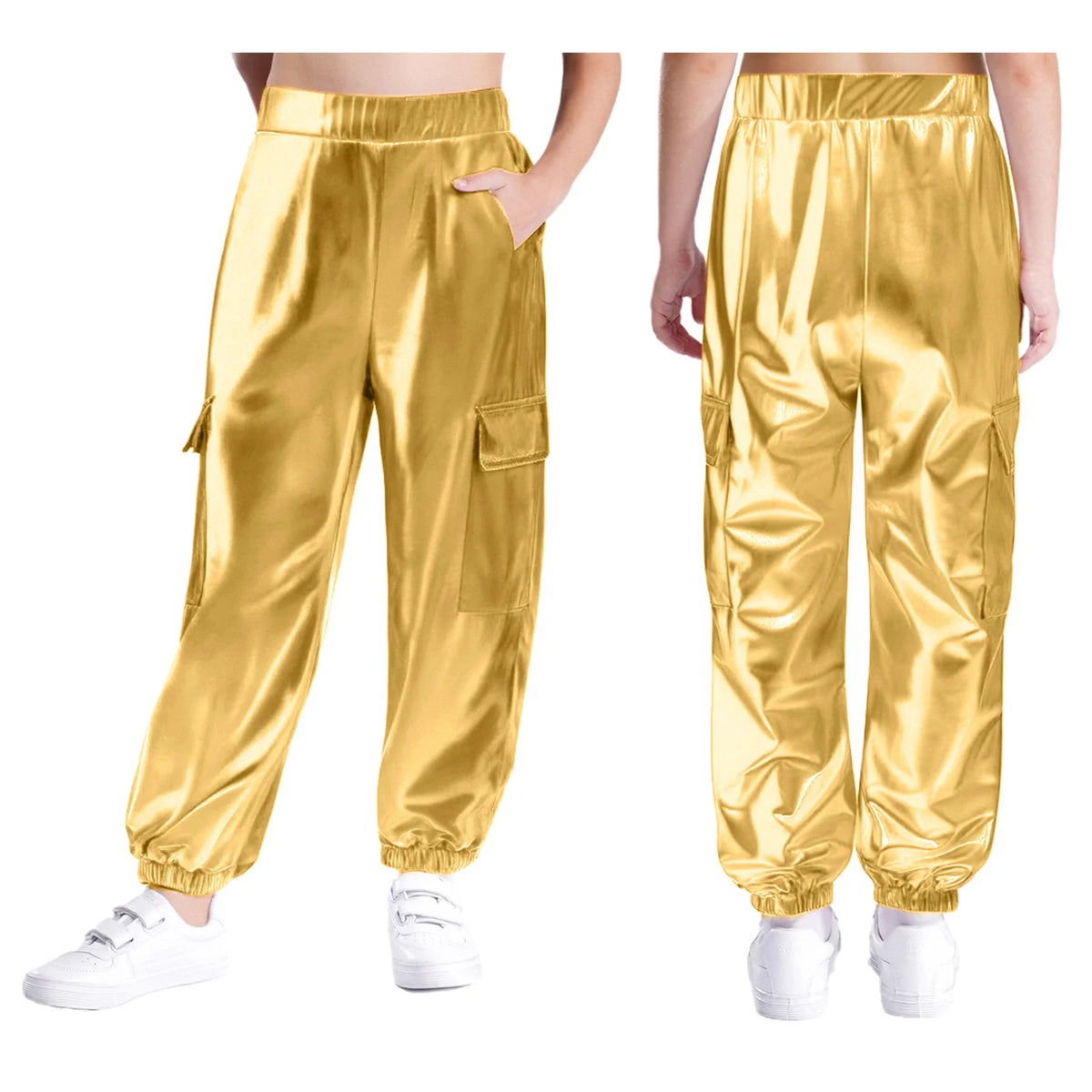 Kids Boys Girls Metallic Shiny Cargo Pants Fashion Children Holographic Trousers Teens Hip-Hop Pants Street Jazz Dance Costume