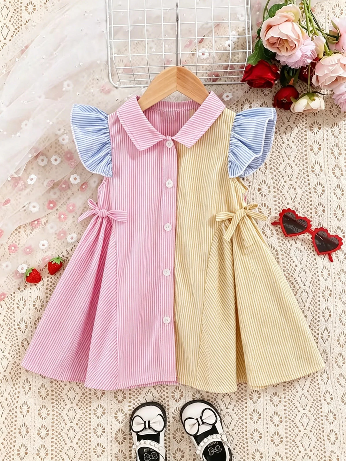 Children's Striped Color-Block Dress Baby Collar Sleeveless Ruffle Edge Single-Breasted Knee-Length Clothing for Kids