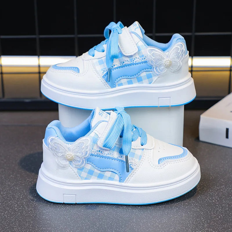 Girls Sneakers White Lace Decoration Butterfly Children's Sports Shoes Breathable Casual Non-slip Outdoors Kids Board Shoes