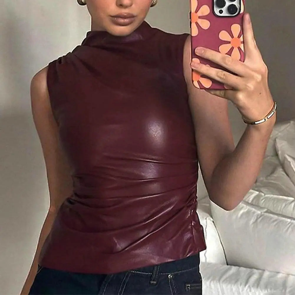 Leather Women Tank Top Standling Sleeveless Waist Lady Top PU Leather Folds Irregular Leather Vest Fashion Women's Clothing