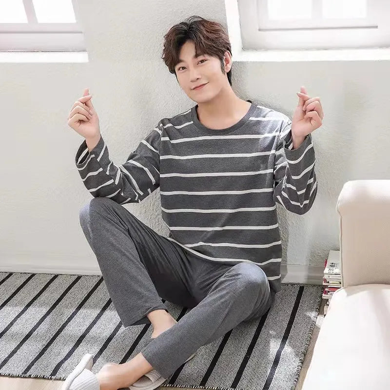 New Men's Spring And Autumn Striped Leisure Pajamas Sets Boys Long-Sleeved Home Wear Teenagers Outside The Home Wear Suit