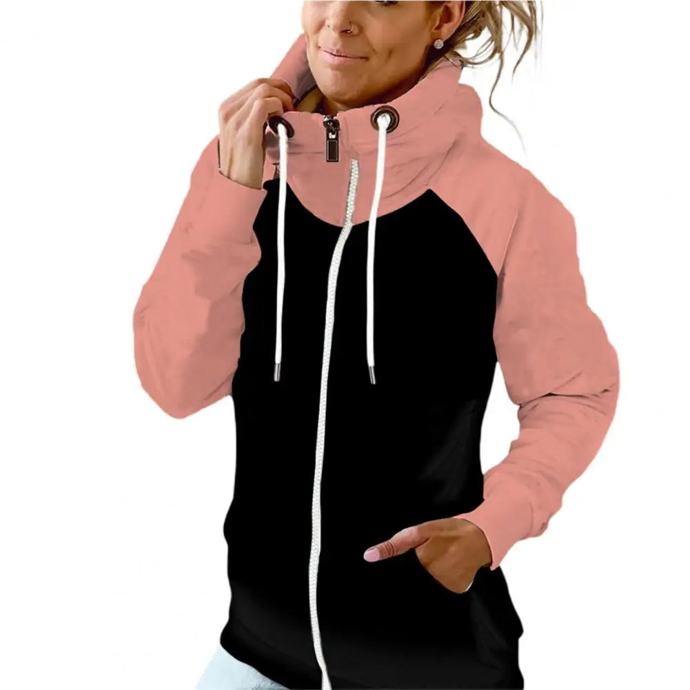 Drawstring Women Hoodie Zipper Hooded Fleece Contrast Color Cardigan Casual Lady Hoodie Casual Autumn Hoodie Lady Sweatshiet