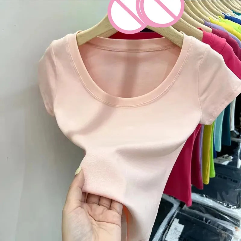 Women's Clothing U-neck T-Shirts Tops Tees pure cotton shoulder sleeved summer solid color slimming short low neck bottom shirt