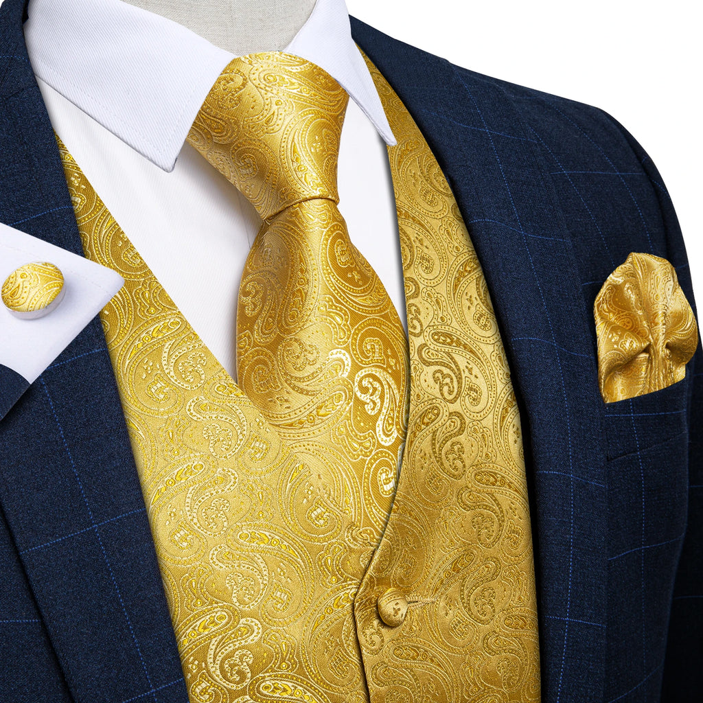 Luxury Paisley Gold Vest for Man Formal Yellow Solid Men's Waistcoat Necktie Pocket Square Wedding Business Chaleco Hombre