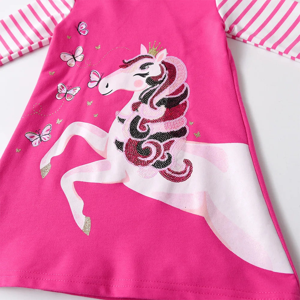 VIKITA Kids Cotton Casual Striped Straight Pink Dress Girls Licorne Butterfly Sequined Appliqued Hooded Dresses Kids Thick Dress
