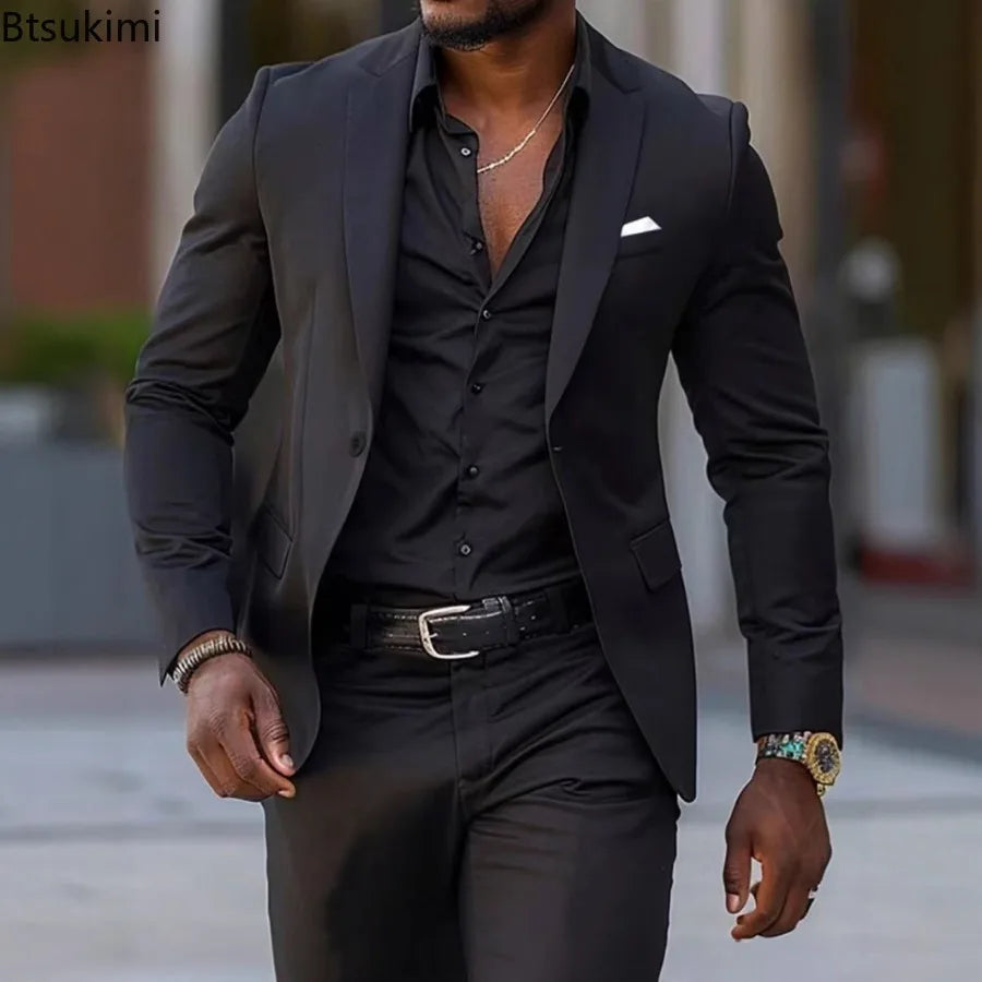 High Quality Men's Suit Sets Fashion Party Wedding Groom Outfits Solid Color Slim Elegant Two Piece Sets Blazer Jacket and Pants