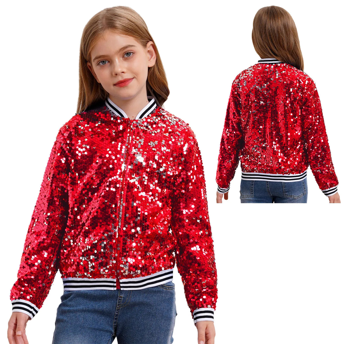 Kids Girls Long Sleeve Fashion Sequin Baseball Jacket Bomber Coat Hip Hop Jazz Street Dance Cheerleading Performance Dancewear