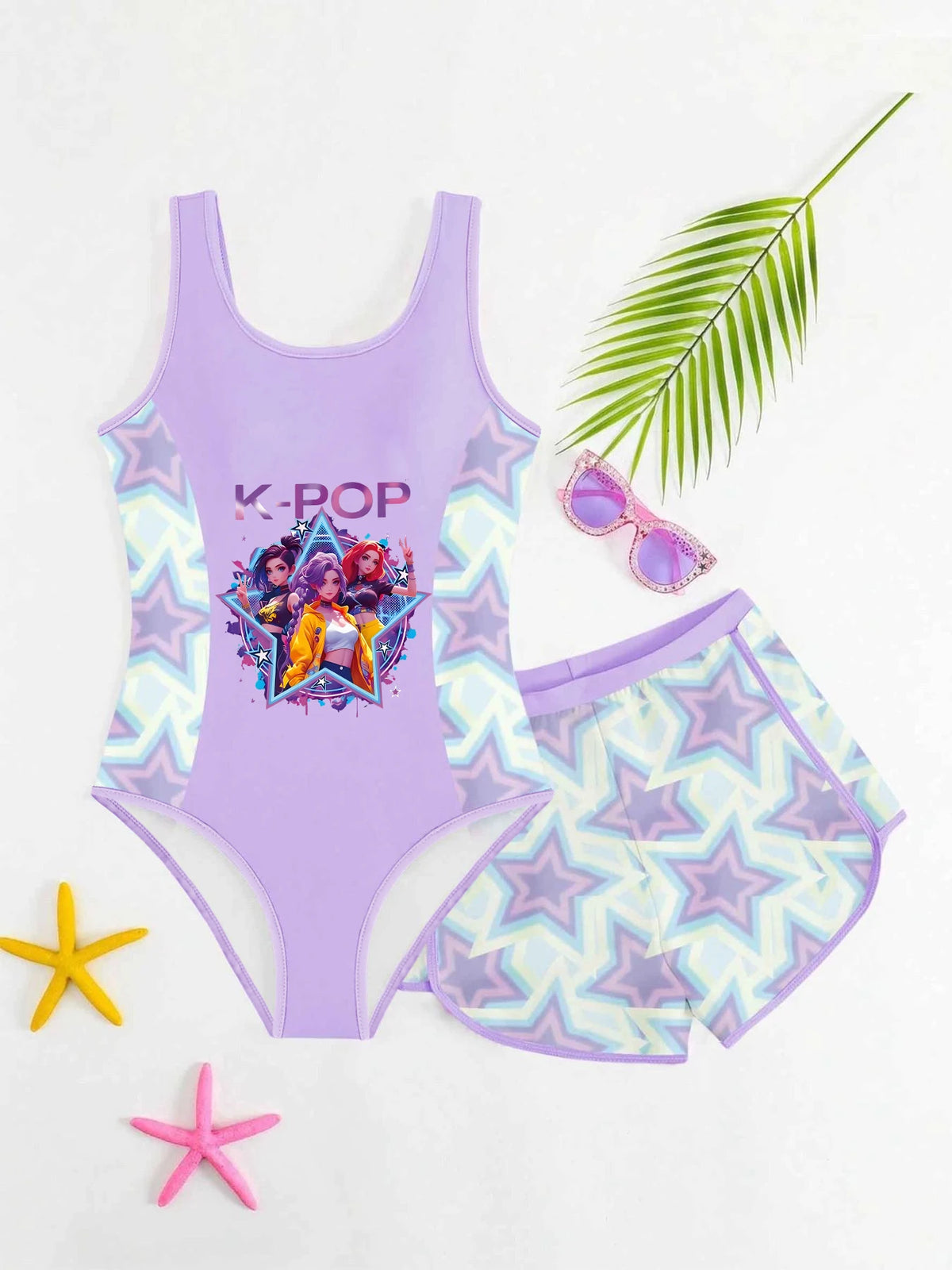 Sweet & Cool Two-piece Swimsuit for Girls, Gradient Pink & Purple with Cartoon Idol Print, Tank Top Style Swimwear with Shorts,