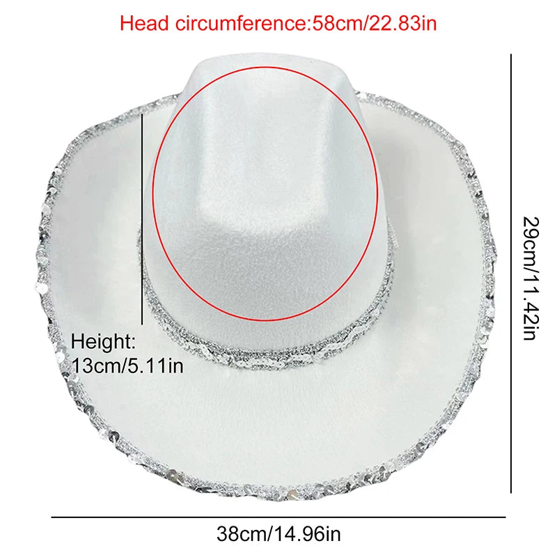 Women Vintage Western Black Cowboy Hats Shiny Sequined Wide Brim Thick Cap for Club Party Outdoor Camping Riding Sun Protection