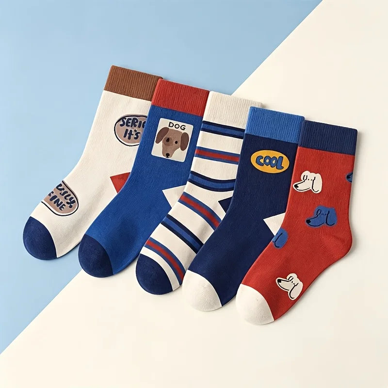 XJK Baby Socks Children Spring Socks Boys Funny Puppy Pattern Socks 5 Pairs Cotton Socks Kids Sock