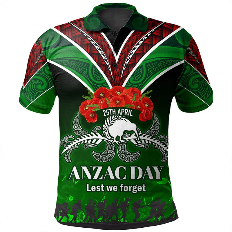 Anzac Day Polo Shirt For Men Lest We Forget Lapel Short Sleeve Golf Shirts Australia New Zealand Tonga National Day Fashion Top