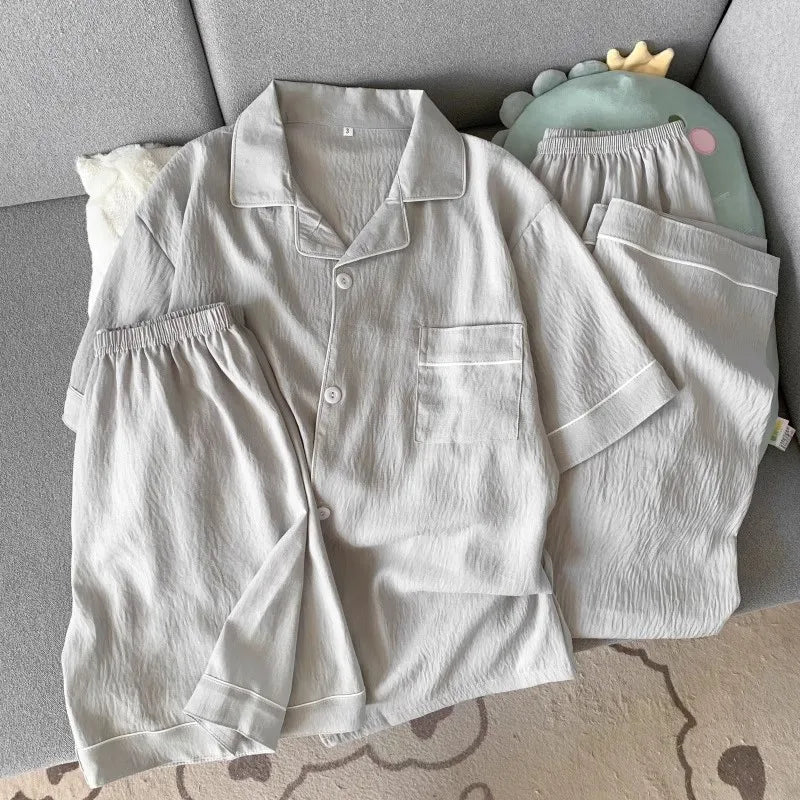 Men's Summer Short-Sleeve Pajamas: Simple, Solid-Color, High-Quality, Outerwear-Style 3-Piece Set; Youth Spring/Summer Pajamas