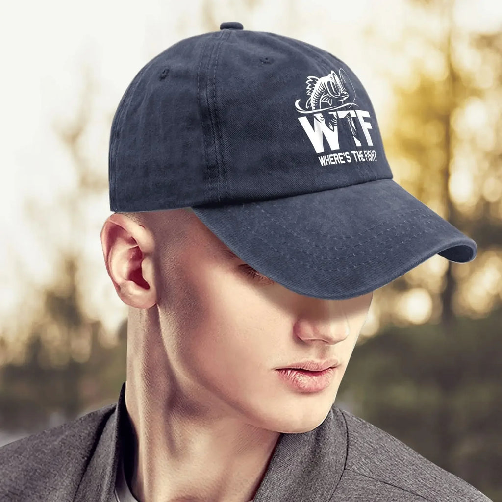 WTF Where's The Fish Hats for Man Fishing Here Fishy Fishy Hats for Men Baseball Funny Trucker Men Black Gym Caps Navy Blue