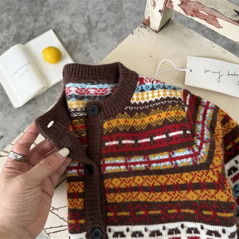 Children's Sweater 2026 Spring and Autumn Winter New Boys' and Girls' Color blocked Sweater Cardigan Baby Retro Knitted Coat