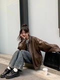 Vintage PU Leather Jacket Women High Street Techwear Oversized Moto Biker Coats BF Punk Loose Casual Cropped Outerwear