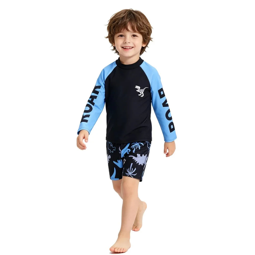 Boys 2-Piece Dinosaur Swimwear Long Sleeve Children Swimsuit Rash Guard Top+Shorts Bathing Suit For Toddler Kids Beach Pool