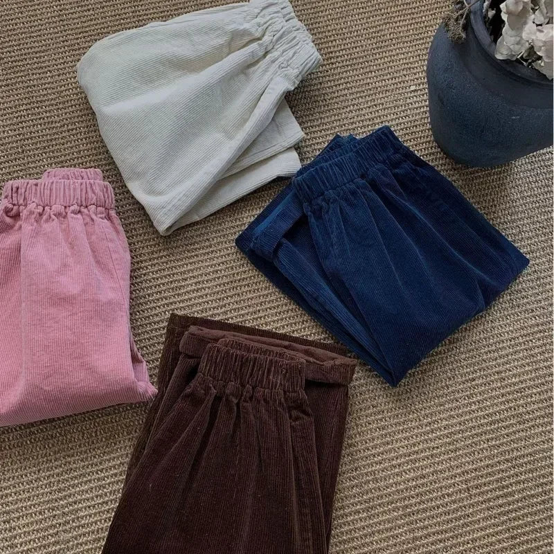 Children Clothing Kids Casual Pants Spring Autumn 2026 New Korean Style Solid Color Loose Simple Wide Leg Girls Corduroy Pants