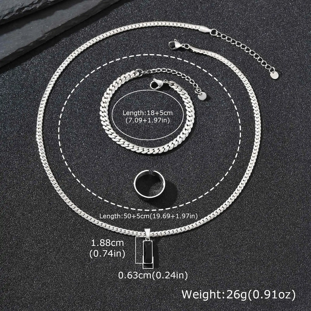 Men's Geometric Square Pendant Necklace, Simple Flat Cuban Chain Bracelet & Ring, Trendy Hip Hop Stainless Steel Jewelry Set