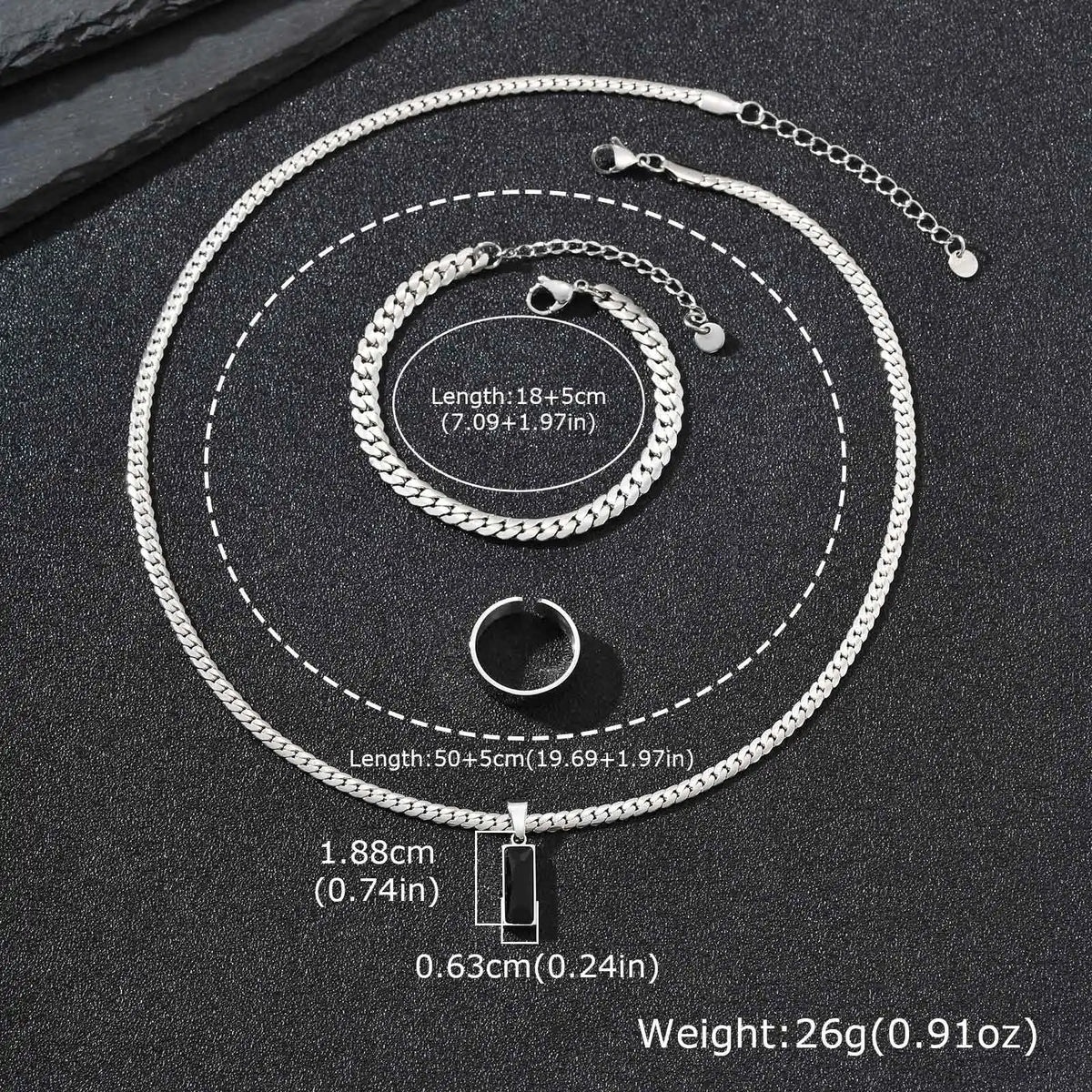 Men's Geometric Square Pendant Necklace, Simple Flat Cuban Chain Bracelet & Ring, Trendy Hip Hop Stainless Steel Jewelry Set
