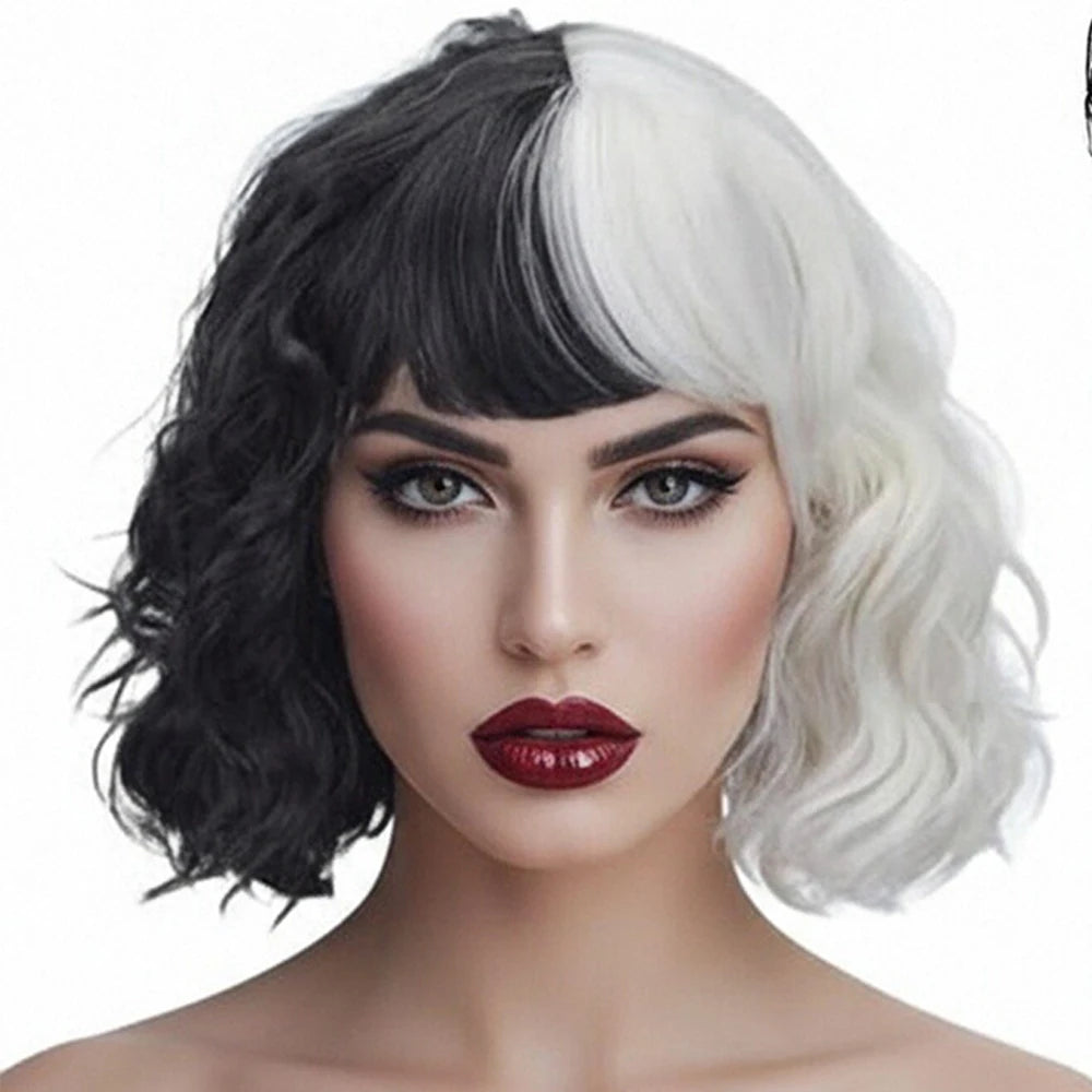 Women Wig Black and White Split Color Short Curly Hair Synthetic Half Black Half White Bob Wigs Halloween Cosplay Party Headwear