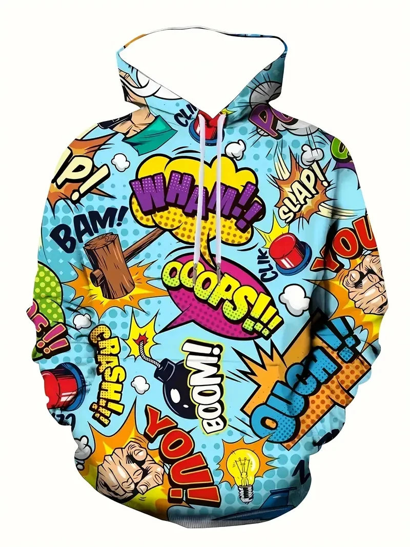 Colorful Cartoon Pattern Hoodies For Men Fun Anime Letter Ooops 3D Printed Sweatshirts Casual Long Sleeves Pullover Unisex Tops
