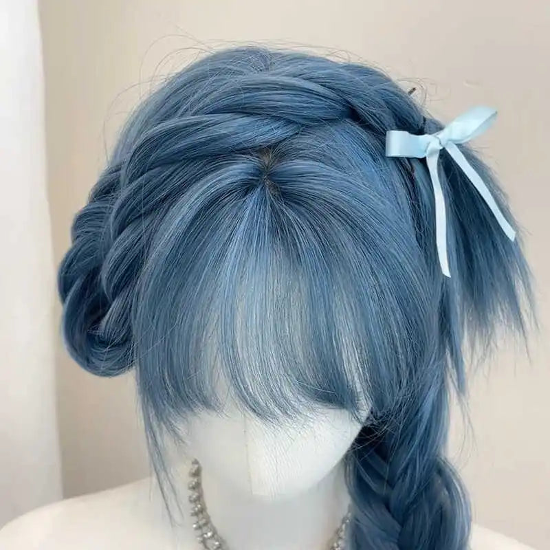 Long Straight Blue Grey Wig For Women Air Bangs Synthetic Hair Wig Natural Cool Tone Full Head Wig Daily Cosplay