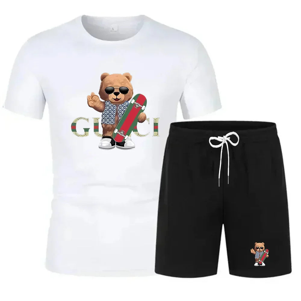 New summer fitness sportswear for men, short-sleeved T-shirt and shorts two-piece set, breathable and quick-drying casual wear.