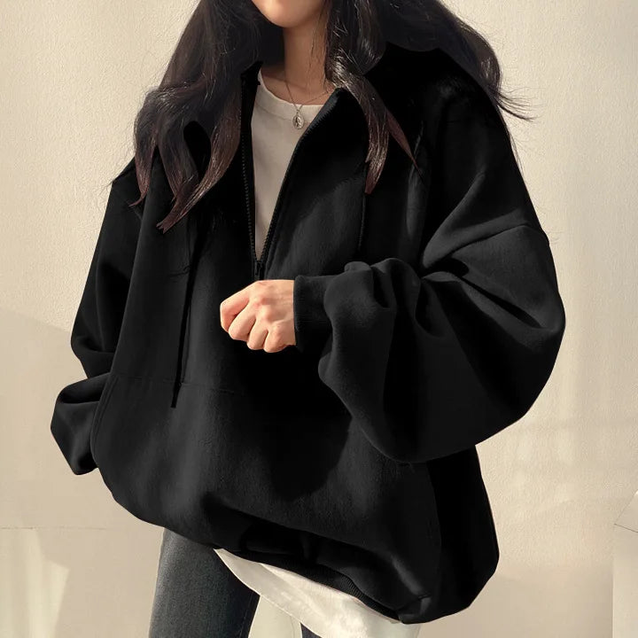 Women Hoodie Harajuku Loose Oversized Solid Color Top Half Zip Up Sweatshirt Female Casual Long Sleeve Pocket Hooded Coats 2025
