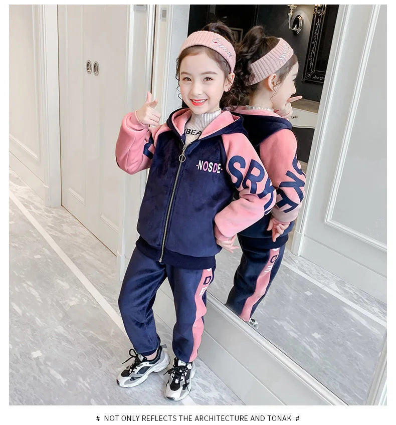 2026 Winter Autumn Girls Tracksuit Toddler Teenager Cloth Striped Velvet Jacket Hooded + Letters Pant Children Kids 8 10 12 Year