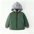 Boys Army Green Thick Padded Jacket Kids Contrast Knit Hood Zipper Warm Winter Outerwear