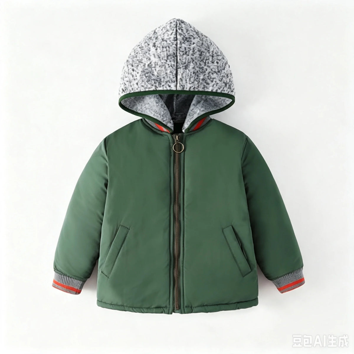 Boys Army Green Thick Padded Jacket Kids Contrast Knit Hood Zipper Warm Winter Outerwear