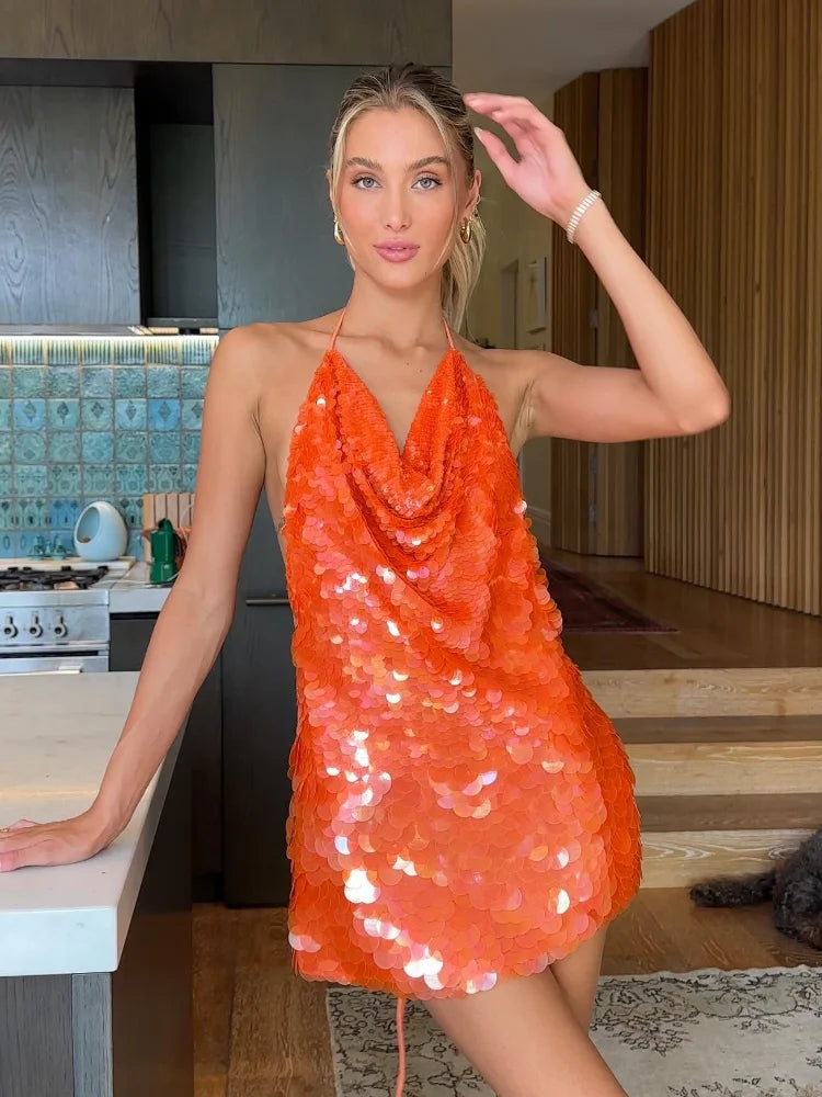 Sequins Glitter Halter Mini Dress Women Backless Sleeveless Evening Party Holiday High Waist Sexy Dresses 2025 New Fashion Night