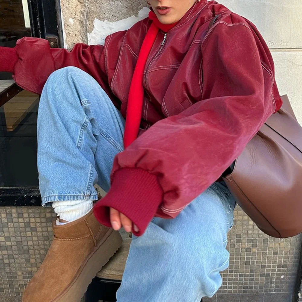 Faux Leather Jacket Women Streetwear Fashion Lapel Long Sleeved Zipper Leather Jacket