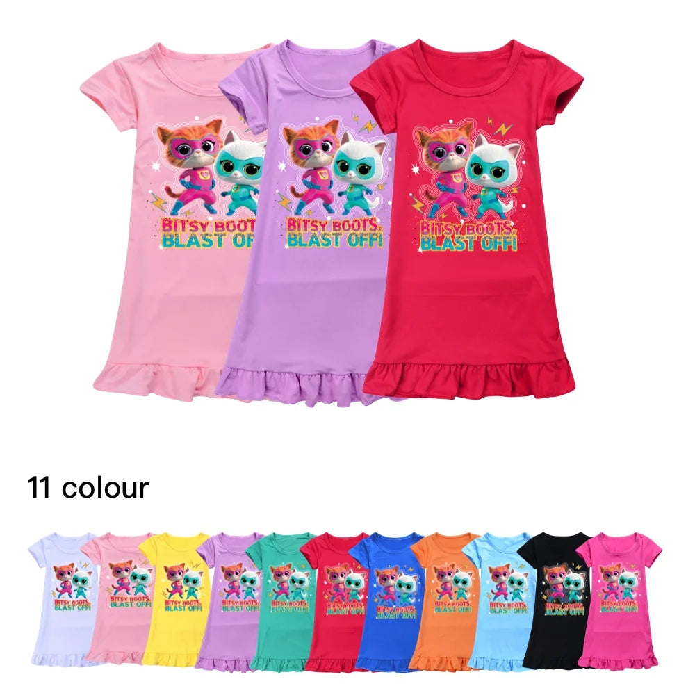 Kids Dresses for Girls Super Kitties Nightdress Summer Clothes Cartoon Nightgown Short-sleeved Pajamas Baby Children Homewear