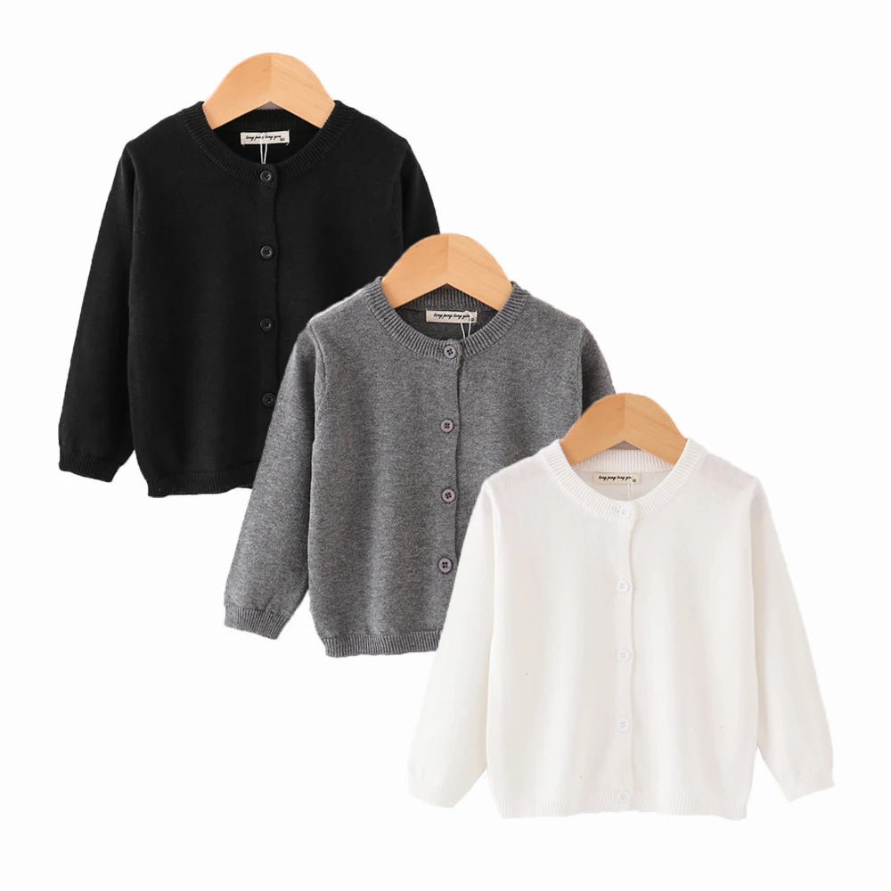 Autumn Winter Sweaters for Children Solid Cardigans Boys Girls White Black Grey Jacket Kids 2-9 Years Cotton Coats Baby Clothing